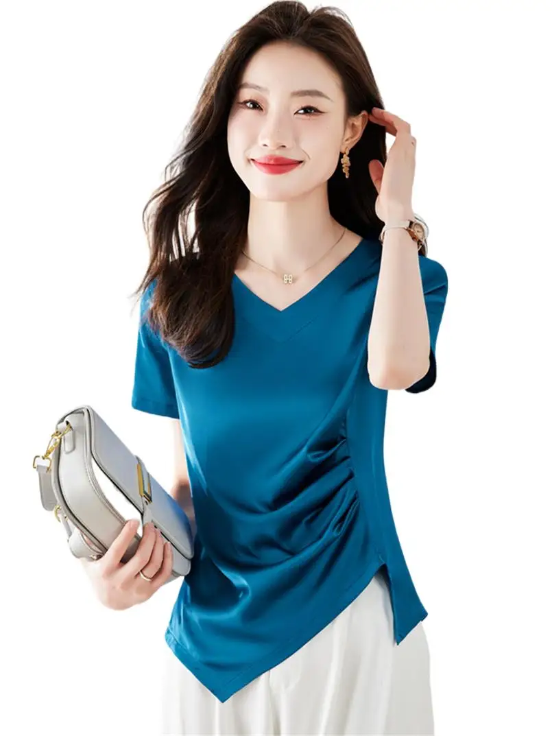 

Элегантные летние Атласные Рубашки 2023, Осенний Шелковый пуловер с V-образным вырезом, облегающая женская блузка, офисные рубашки с коротким рукавом