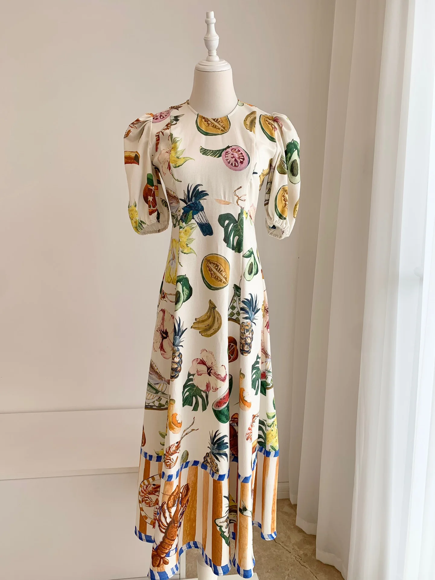 

Women O Neck Short Sleeve Retro Print Women Linen Midi Dress