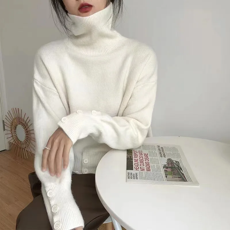 

Lazy style design with button pile up collar sweater for women in autumn and winter, new thickened warm pullover sweater