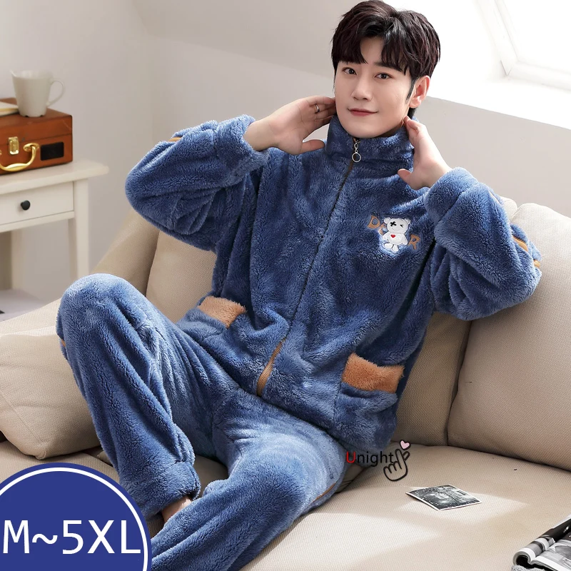 Oversize M-5XL Winter Man Stand-up Collar Pijamas Outwear Nightwear Plush Shaggy Christmas Pajamas Boy Fleece Warm Pijamas
