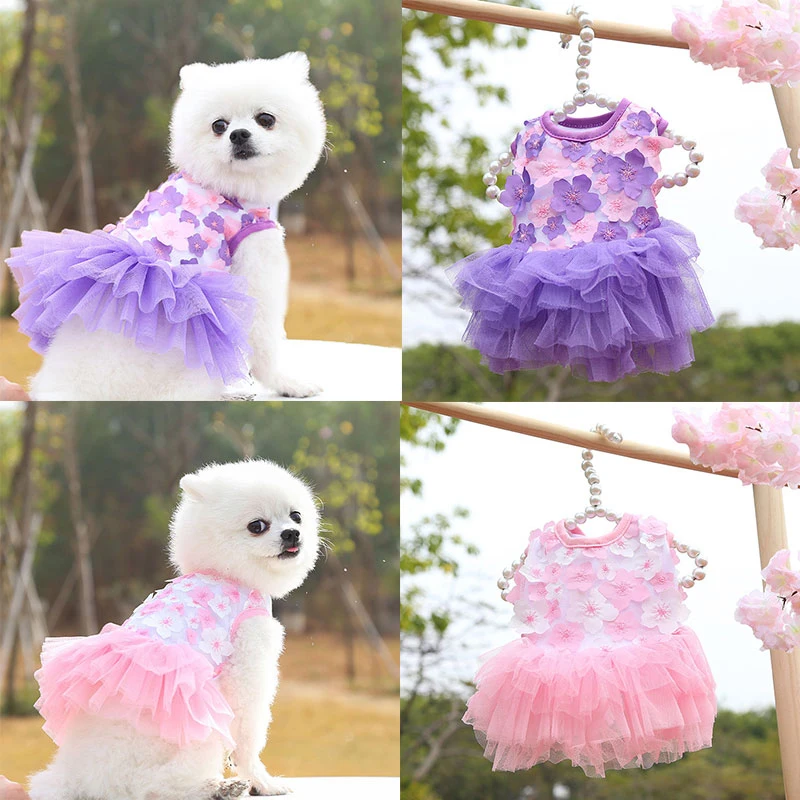 

2023 Summer Dog Lace Chiffon Dress Luxury Pet Clothing Teddy Bichon Chihuahua SML Size Dog Peach Blossom Dress Puppy Cat Skirts