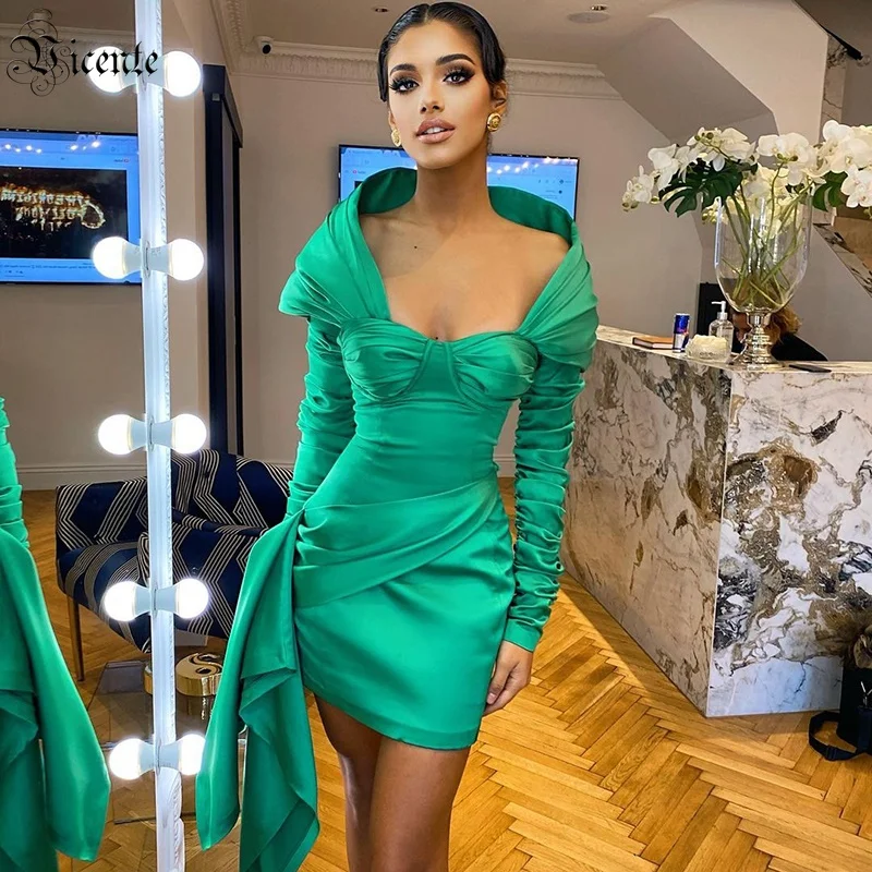 VC Chic Green Satin Mini Dress Draped Design Long Sleeves Square Collar Celebrity Party Club Vestido