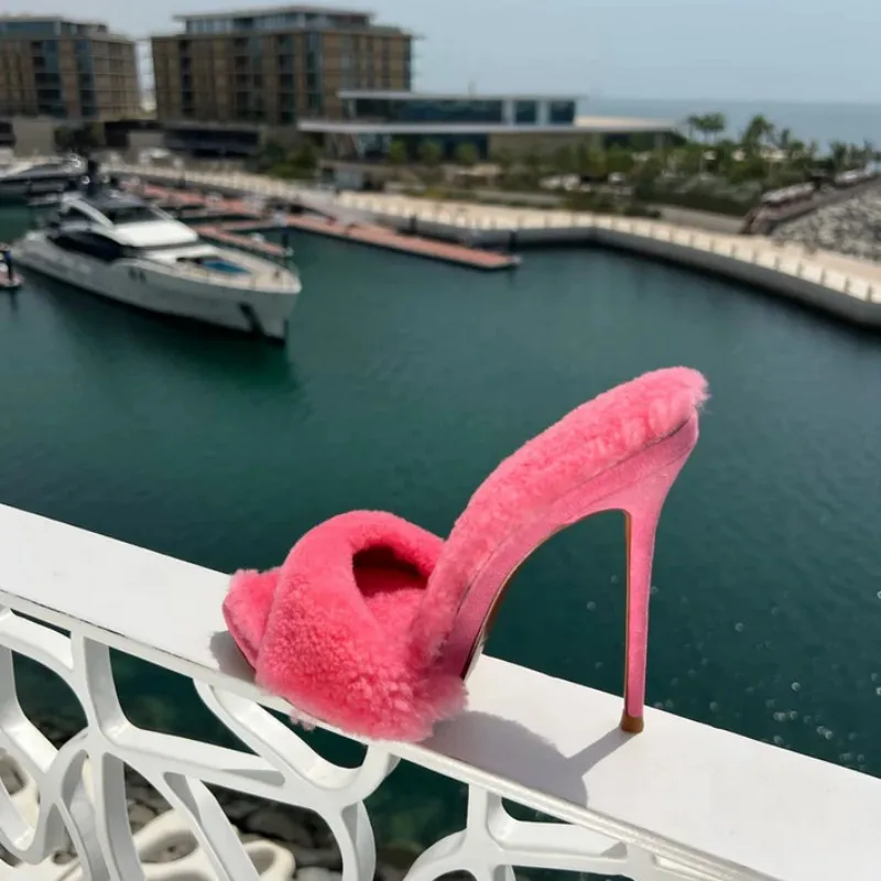 Charming Fur Peep Pointed Toe Slip-on Summer Slingback Slides Women Stiletto High Heels Dress Runway Shoes Sandals Slippers 2023