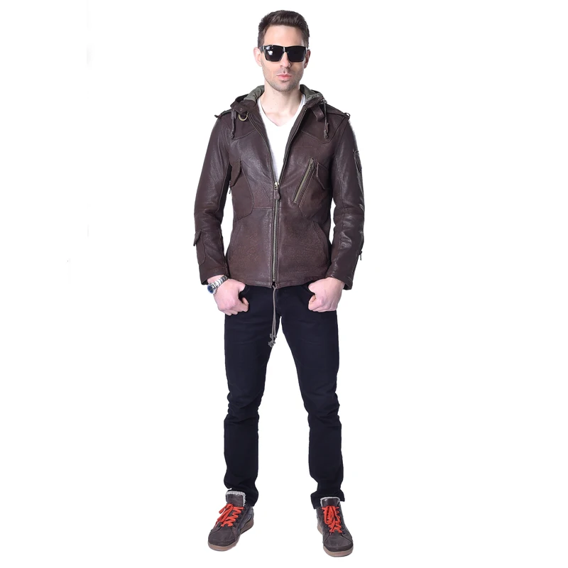 Мужская кожаная куртка с капюшоном Повседневная приталенная из натуральной