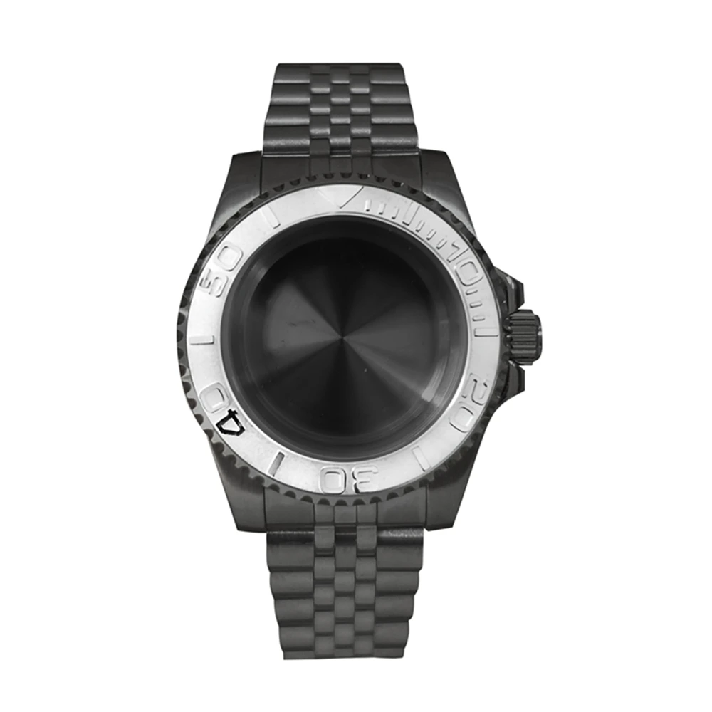 

40MM Watch Case + Black Stainless Steel Strap for NH35/NH36 Movement Sapphire Flat Mirror Glass Case Watch Modified Parts
