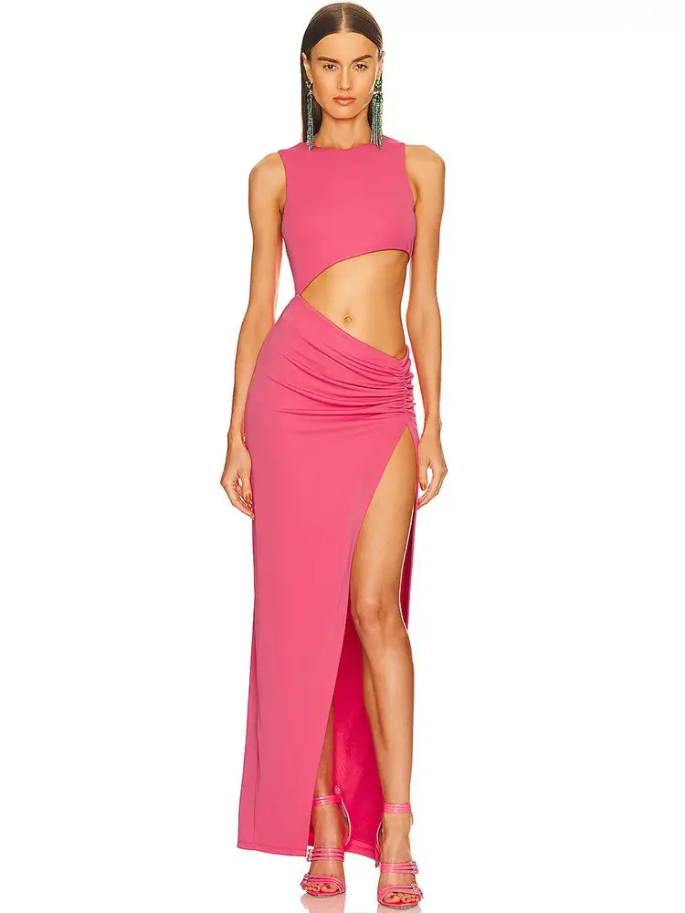 

2022 Autumn New Women's Sexy Sleeveless O-Neck Cutout Navel High Split Draped Bodycon Celebrity Club Party Long Dress