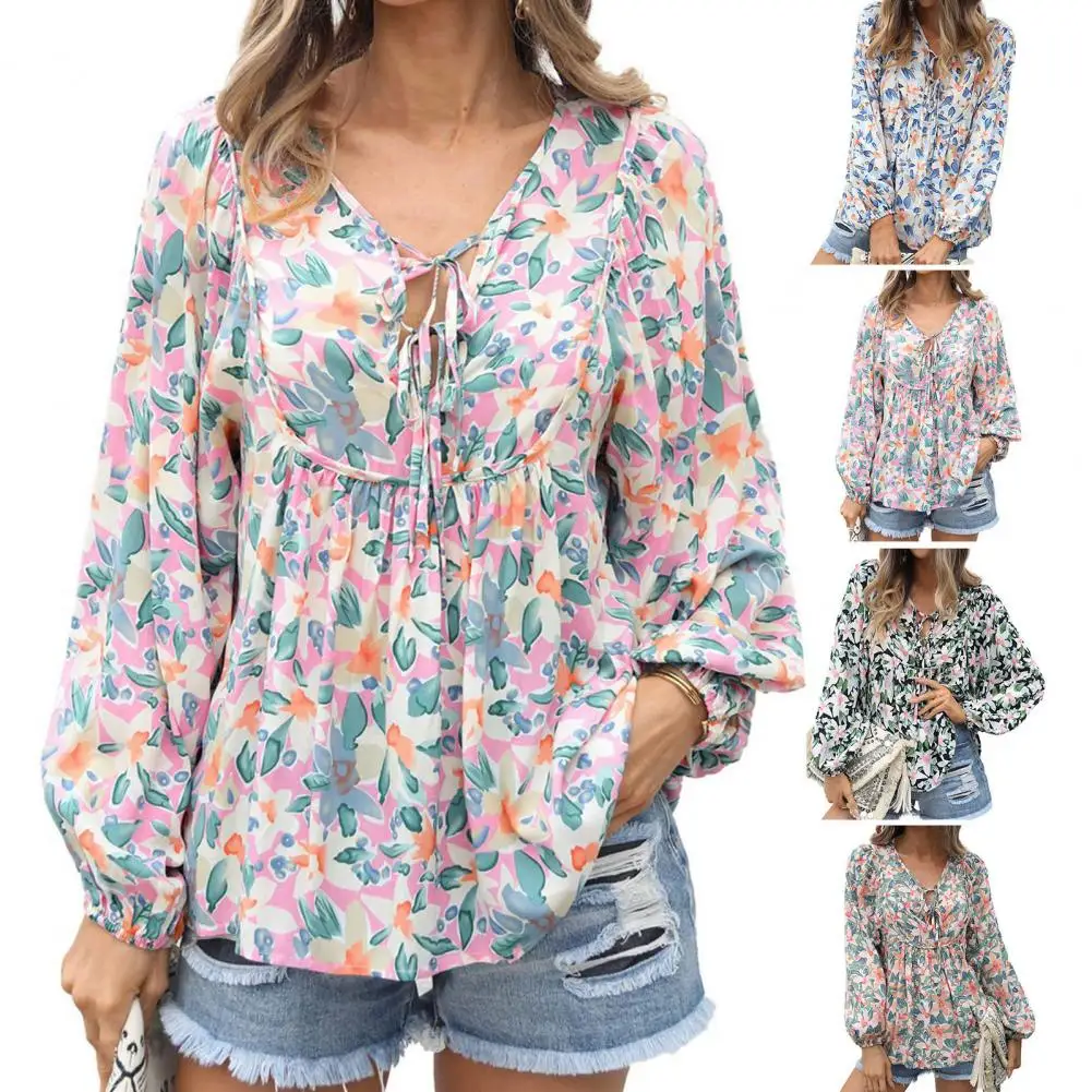 

Summer Shirt U Neck Breathable Long Lantern Sleeves Sexy Lace-up Leisure Pullover Floral Printed Loose Women Blouse Shirt