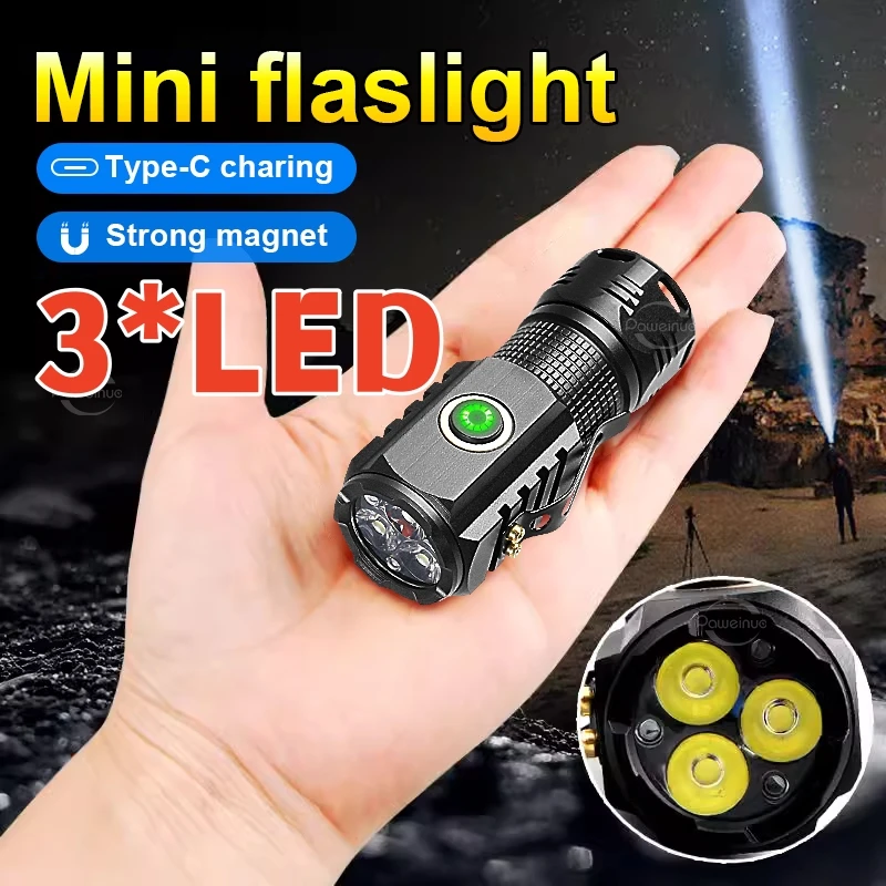 

High Power 3*LED Mini LED Flashlight 2000LM Portable Torch TYPE-C Rechargeable Camping Lantern with Tail Magnet Hat Clip Light