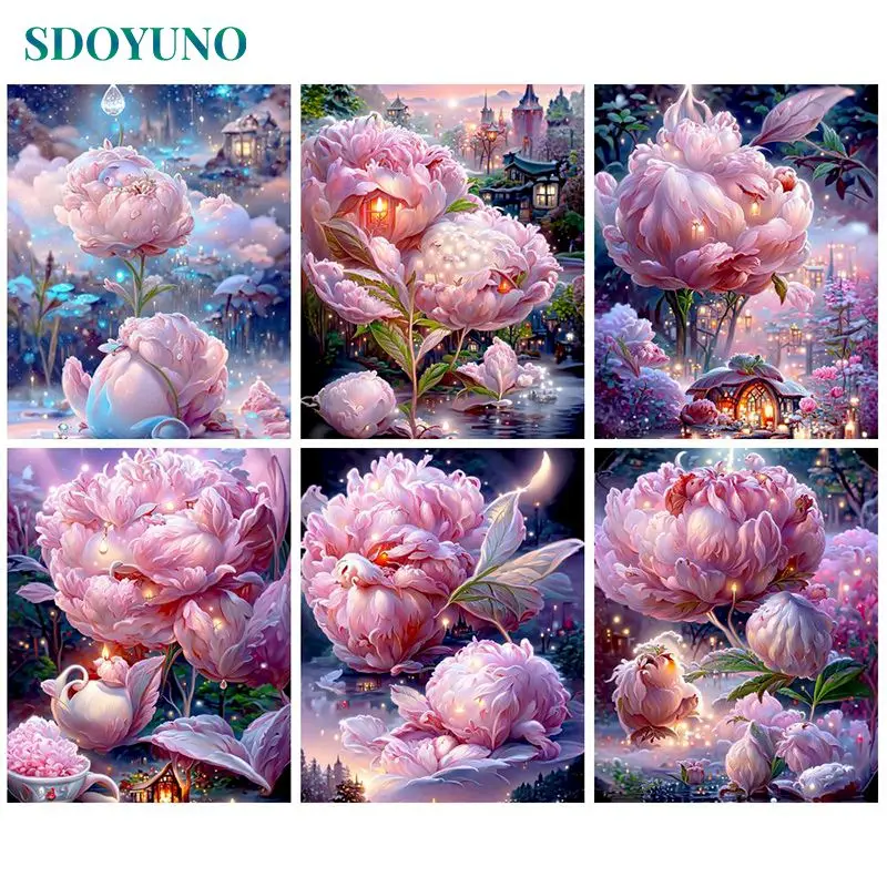 

SDOYUNO Frame Diy Painting By Numbers For Adults Peony Flowers Oil Canvas Drawing Acrylic Paint By Number 60x75cm Home Decor