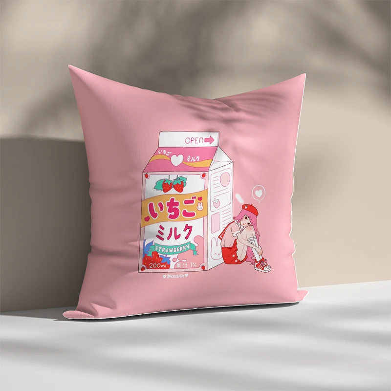 

Anime Pillow Cover Short Plush Decorative Pillows for Bed Pink Strawberry Milk Cushion Cushions Home Decor Child Pillowcase Sofa