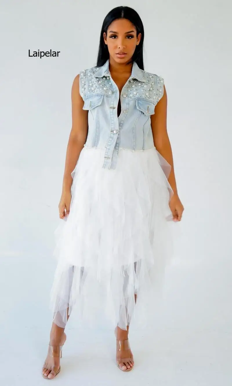 Женский короткий джинсовый жилет с жемчужинами укороченная Джинсовая