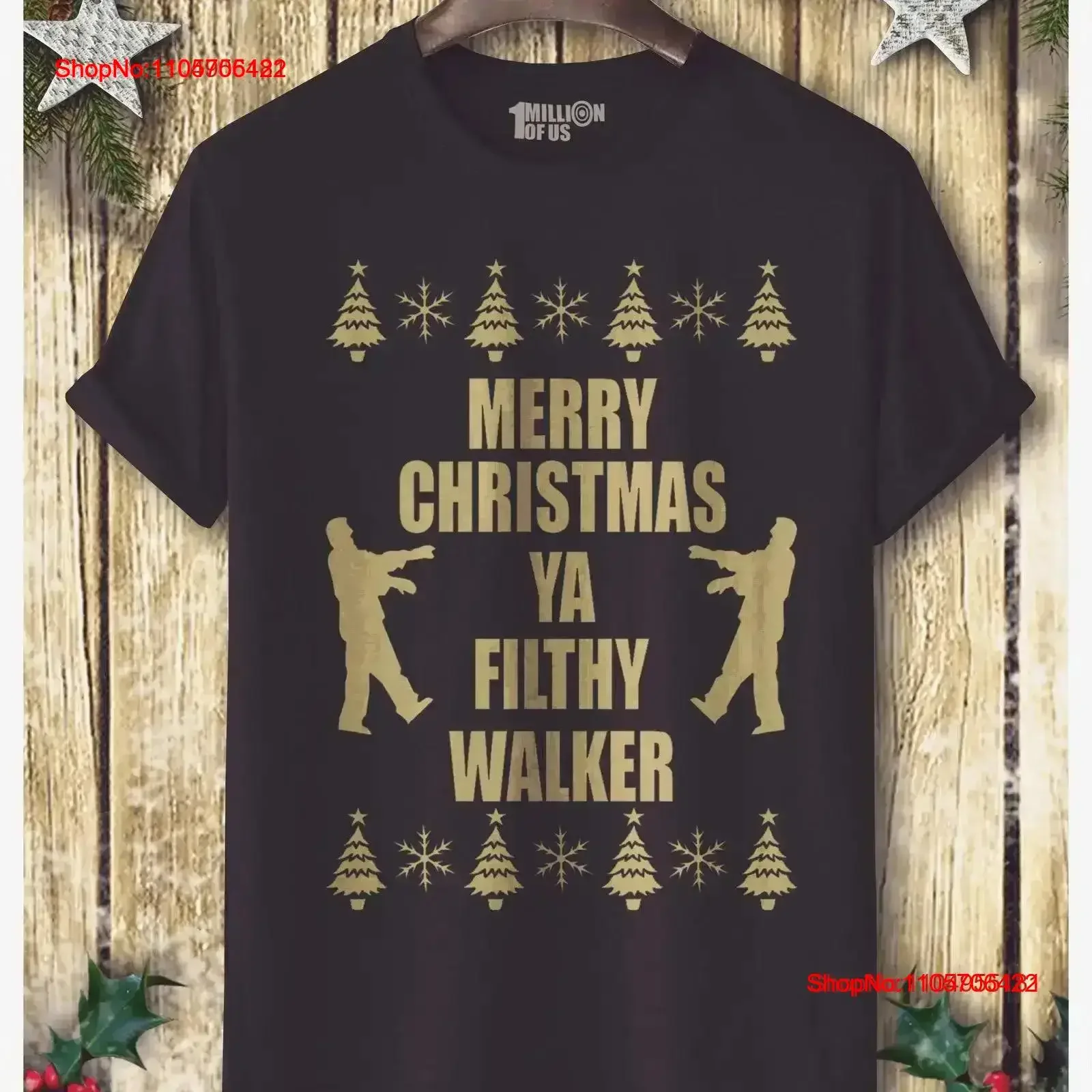 Фото Мужская или женская футболка-пародия «Merry Christmas Ya Filthy Walker», размеры XS-XXL, UK 6-18, винтажная, с эффектом потертости, дышащая. №1