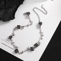 amorcome gothic womens rose flower choker necklace vintage antique silver color clavicle necklace y2k girl jewelry accessories