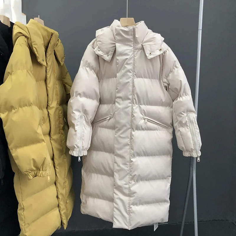 Korean Women's Oversize Over Knee Long Warm Coat Mid Length Winter Down Parkas 2022 New Vintage Winter Cotton Padded Jacket
