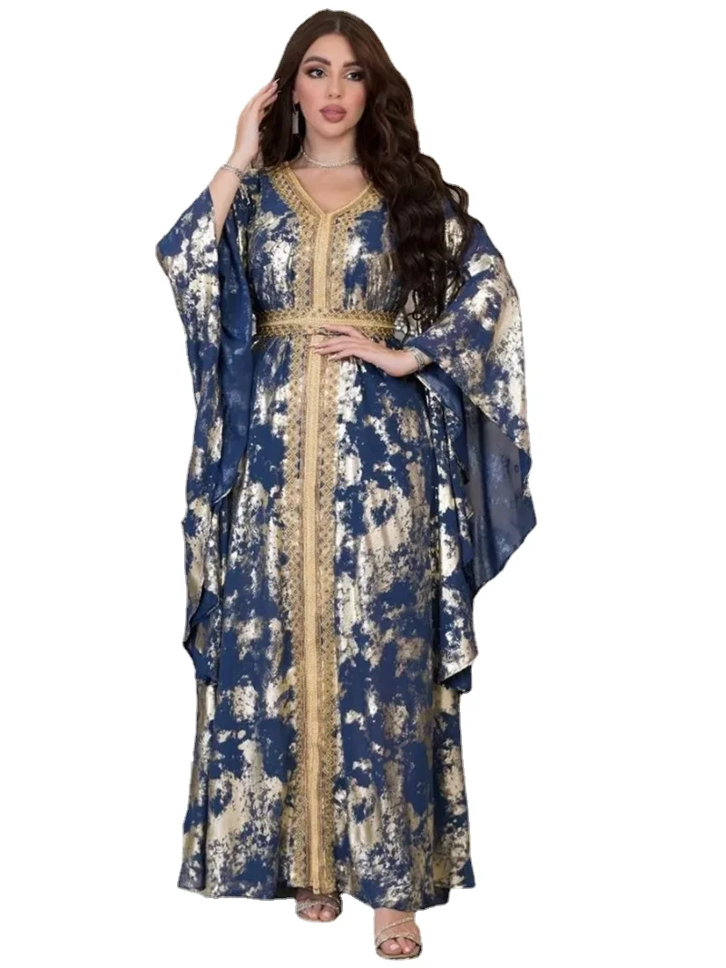 Luxurious Women's Jalabiyat Moroccan Kaftan Abaya Dubai Print V-Neck Guipure Lace Tape Belted Dress Islamic Dresses For Women