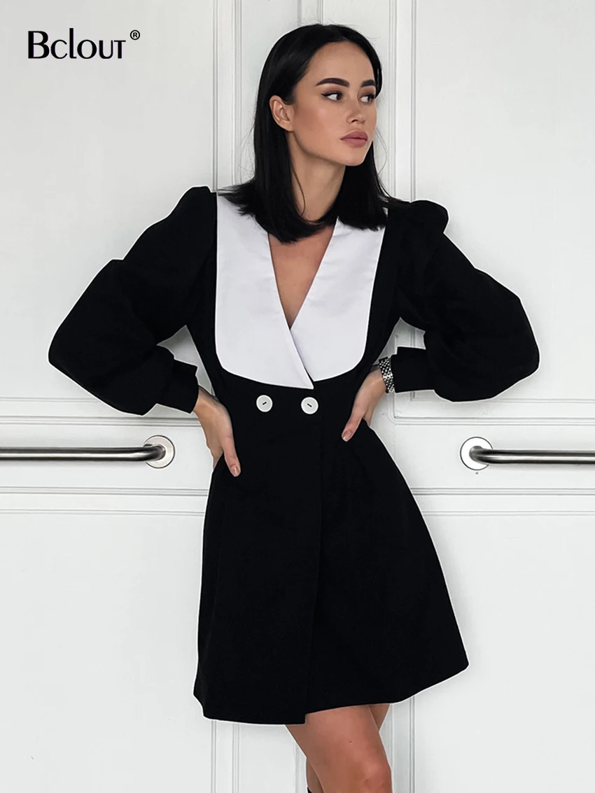 

Bclout Elegant Patchwork Black Dresses Women 2023 Fashion Office Lady A-Line Mini Dress Vintage V-Neck High Waist Party Dresses