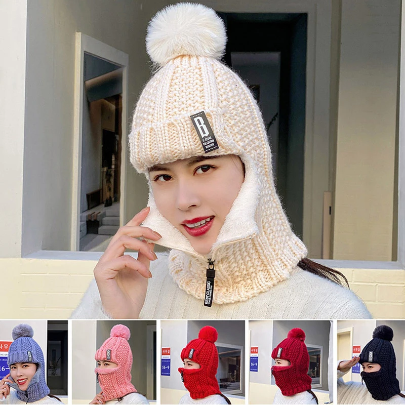 

Women Wool Knitted Hat Ski Hat Sets Windproof Winter Outdoor Knit Thick Siamese Scarf Collar Warm Keep Face Warmer Beanies Hat
