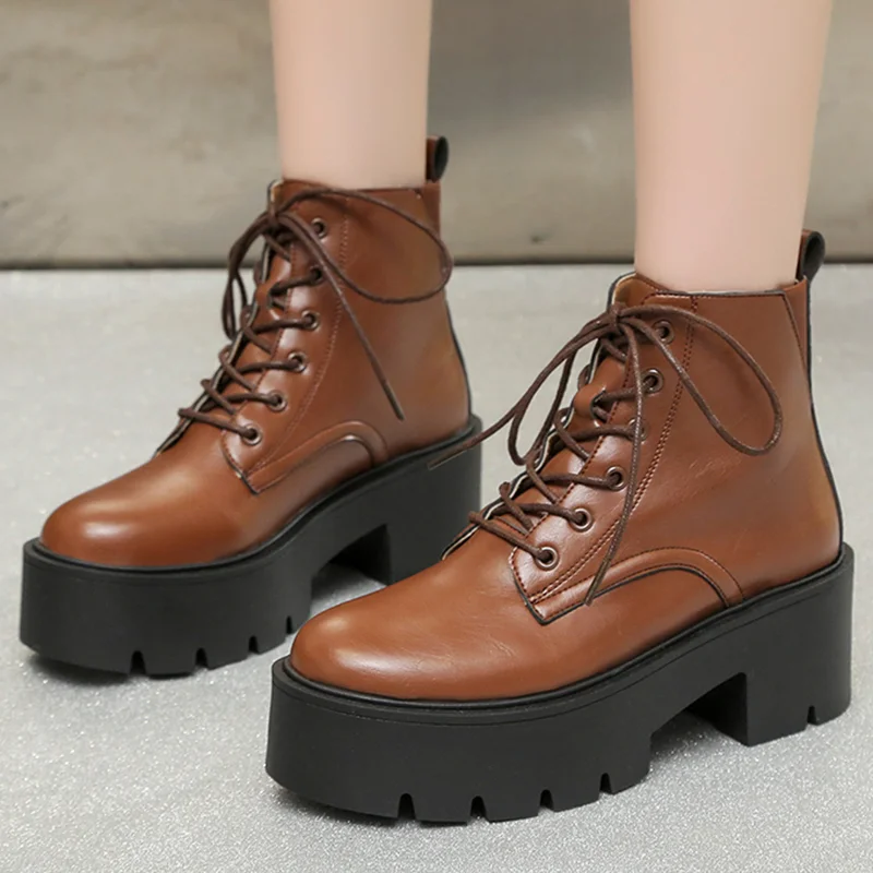 Chunky Platform Ankle Boots for Women Winter/ Autumn Thick Bottom Lace Up Shoes Woman Retro Black Leather Short Boots HighHeels