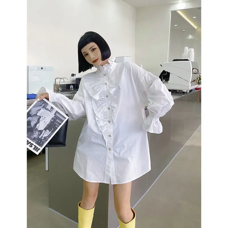 

SuperAen 2022 White Shirt Stand Collar Ruffled Flare Sleeves Retro Women Tops