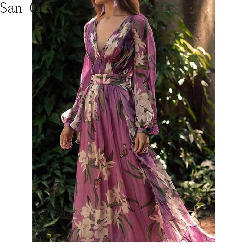 

Elegant Style Fairy Kimono Dresses Summer New Flower Printing V-Neck Lantern Sleeve Slim Chiffon Thin Japanese Style Long Dress