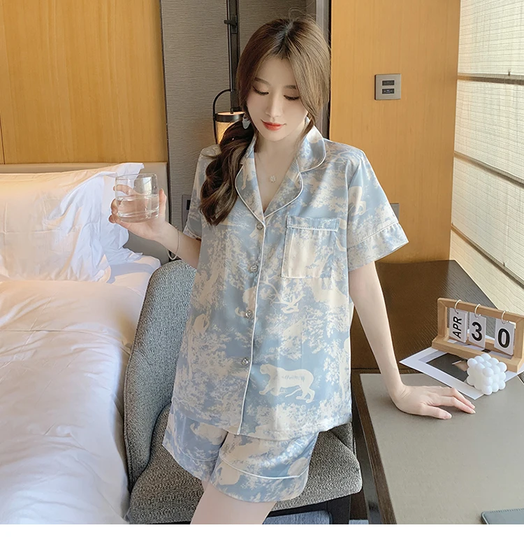Summer new ice silk country tide print cardigan short-sleeved pajamas women's summer comfortable silk home service hairband