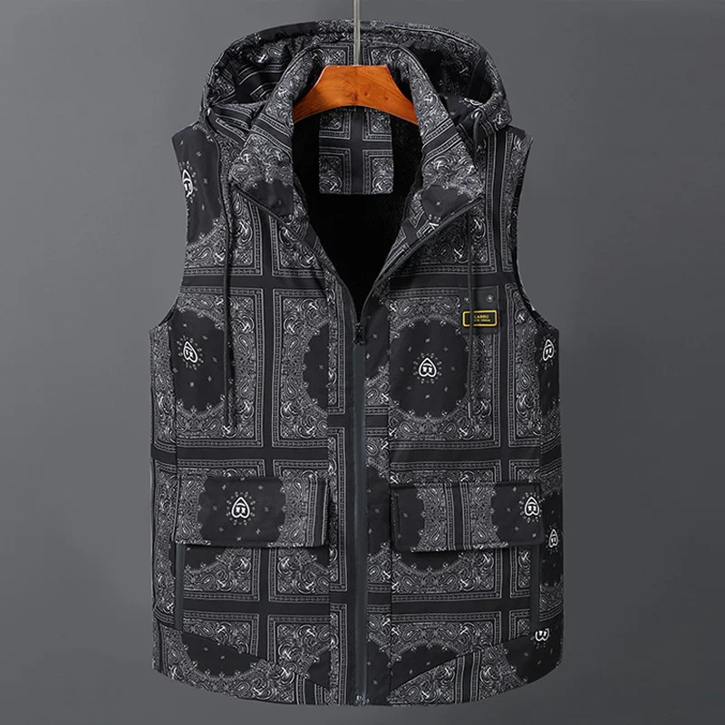 

2022 Winter Thick Vest Men Fashion Bandana Paisley Pattern Vest S Sleeveless Jacket Coat Streetwear Male Warmth Fleece Waistcoat