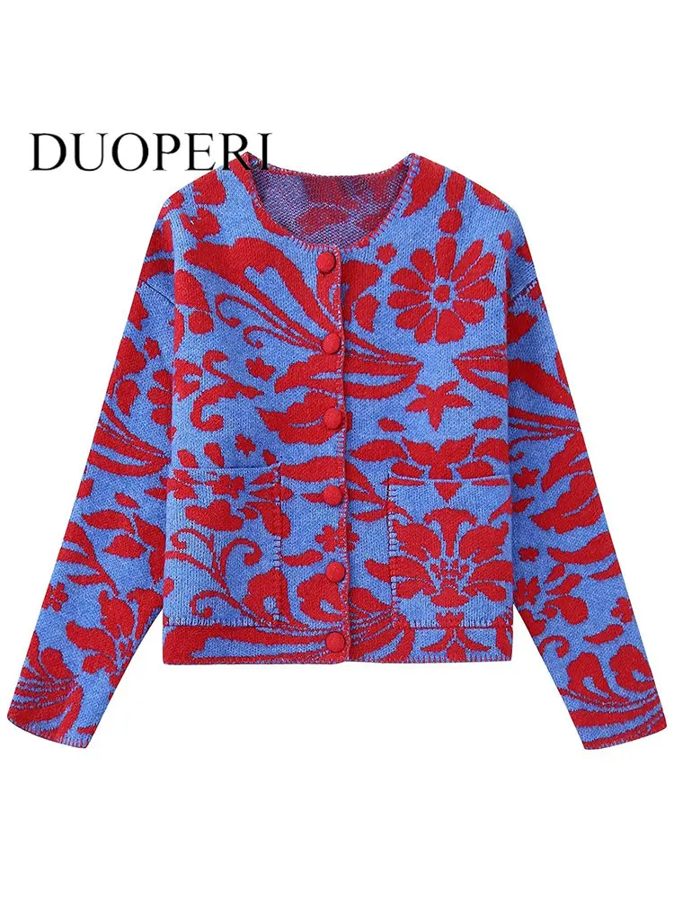 

Женский однобортный жаккардовый кардиган DUOPERI с принтом, винтажный свитер с длинным рукавом и круглым вырезом, Женский шикарный наряд
