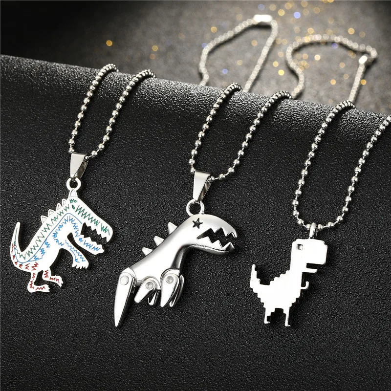

1PC Punk Cute Metal Small Dinosaur Chain Necklace For Women Men Trendy Hiphop Steel Color Graffiti Animal Pendant Choker Jewelry