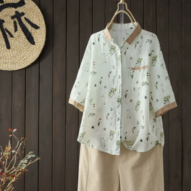 Oversize Cotton Print Floral Women Shirt Summer Retro Blouse Ethnic Style Imitation Cotton And Linen Thin Loose Casual Shirt