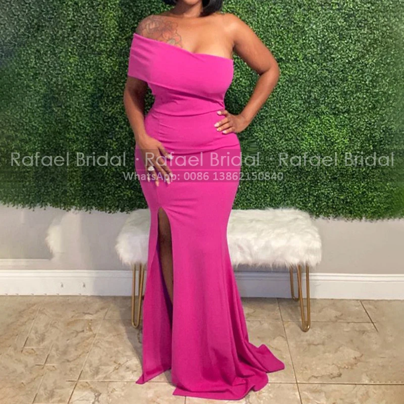 

Sexy Off Shoulder Mermaid Bridesmaid Dresses With Side Split Hot Pink Plus Size Girls Long Trumpet Wedding Guest Dress Party