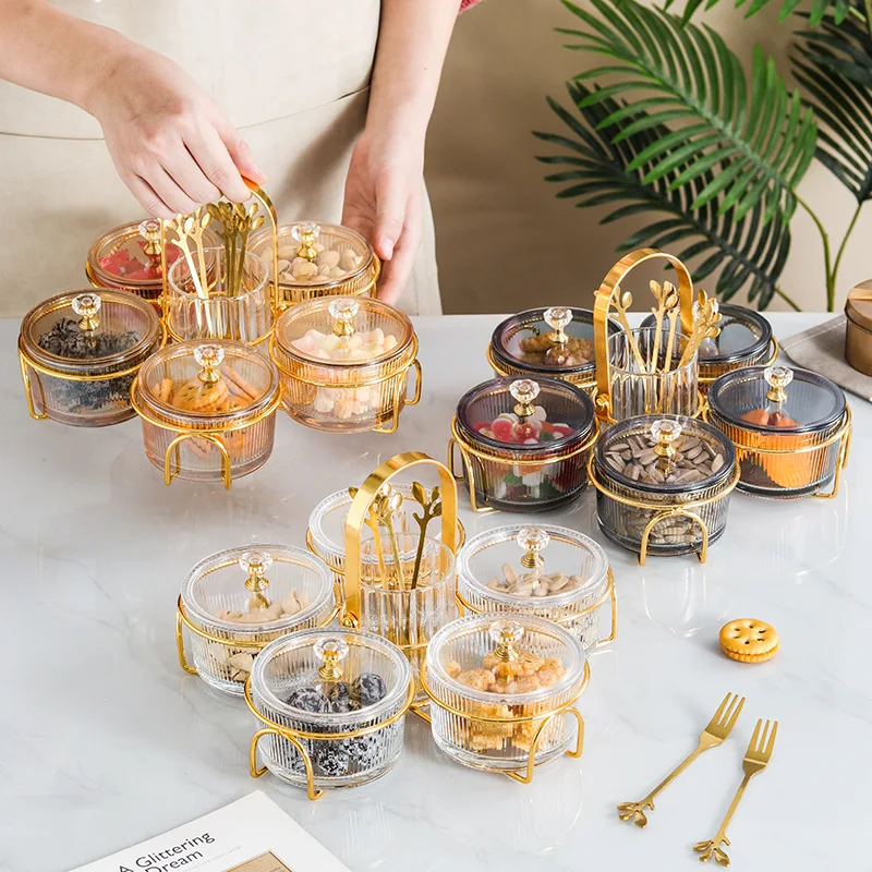 

Nordic Light Luxury Snack Plate Glass Dried Fruit Dish Round Transparent Snack Grid Fruit Plate with Plastic Lid Fruit Plate