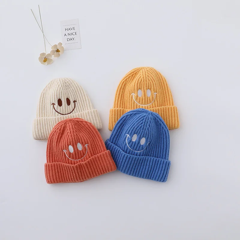 

Kid Baby Fashion Candy Color Knitted Hat Girl Cute All-match Smiley Embroidery Cap Autumn Winter New Children Accessories