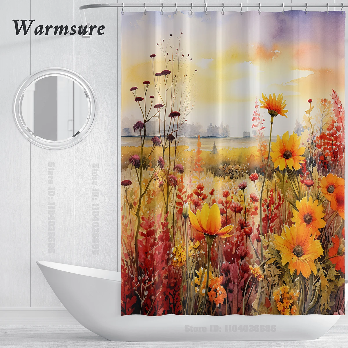 Fabric Floral Waterproof Shower Curtain Set with 12 Hooks Watercolor Bath Modern Bathroom Decorative Accessories