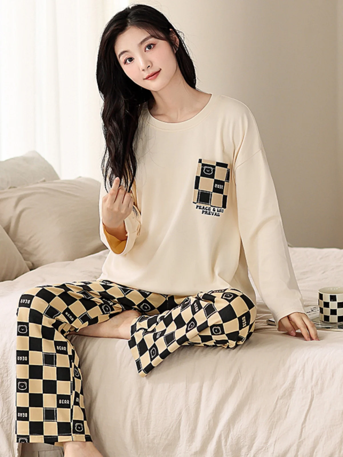 Pajamas Women Spring and Autumn With Chest Pad Pure Cotton Long sleeve Plus size Can Be Worn outside Set Winter Th...