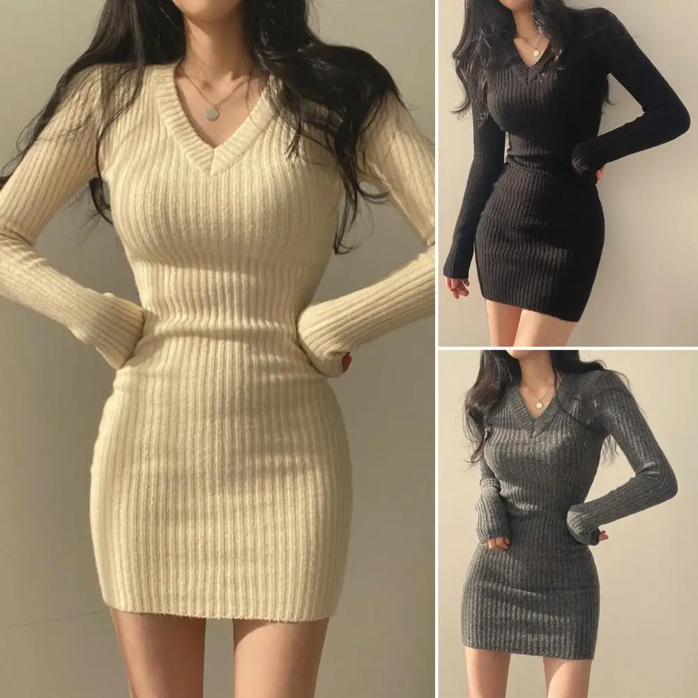 

Dresses For Women 2022 Sexy V neck Slim Ribbed Knitted Bodycon Dress Women Korean Winter Long Sleeve Mini Sweater Dress