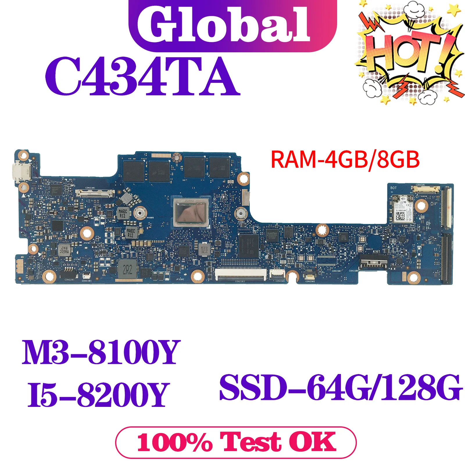 

KEFU C434T Mainboard For ASUS Chromebook Flip C434 C434TA Laptop Motherboard M3-8100Y I5-8200Y 8GB/4GB-RAM SSD-64G/128G