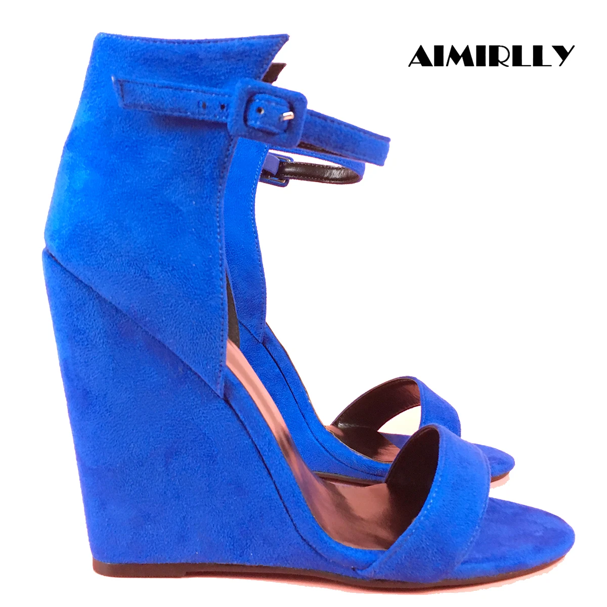 Фото Женские синие босоножки на танкетке с ремешком на щиколотке, с открытым носком, замшевые, летние, на высоком каблуке, для вечеринок и торжественных мероприятий №1