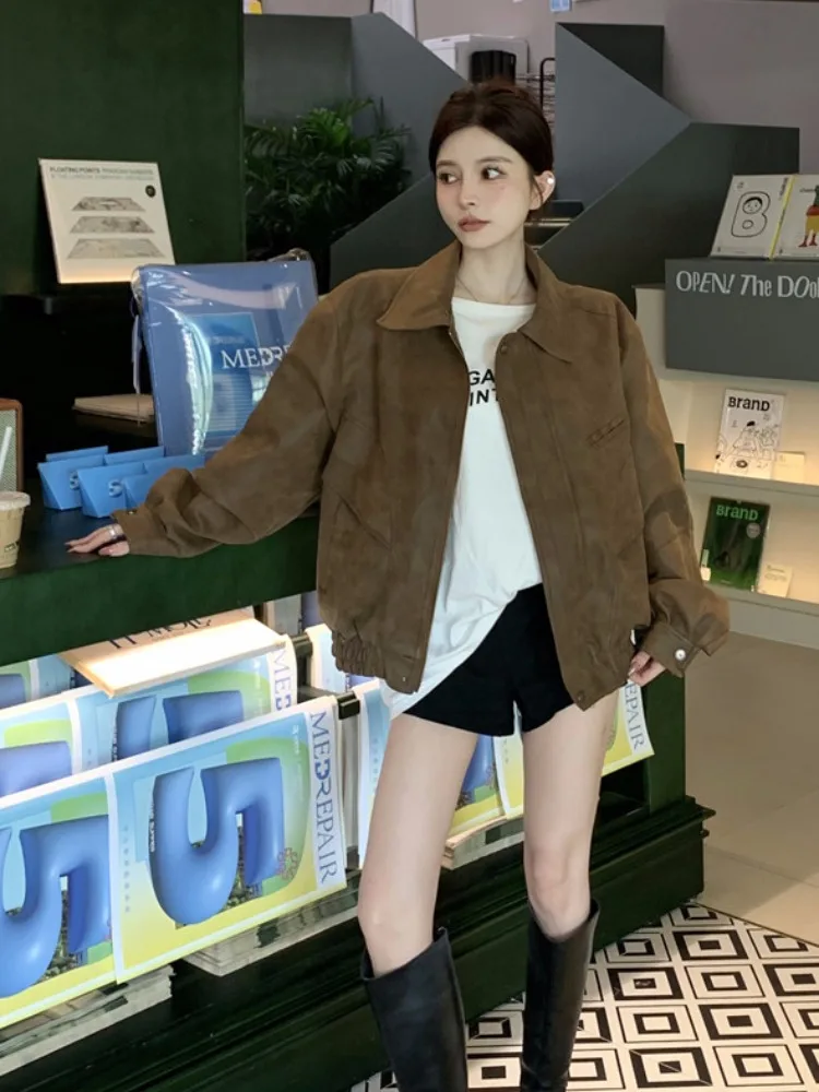 Американская винтажная коричневая верхняя одежда с лацканами женская осенняя