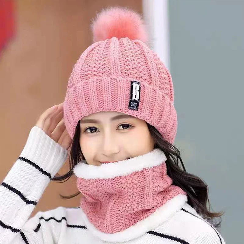 

Brand Winter Knitted Beanies Hats Women Thick Warm Skullies Hat Female Knitting Letter Bonnet Beanie Caps Outdoor Riding Sets