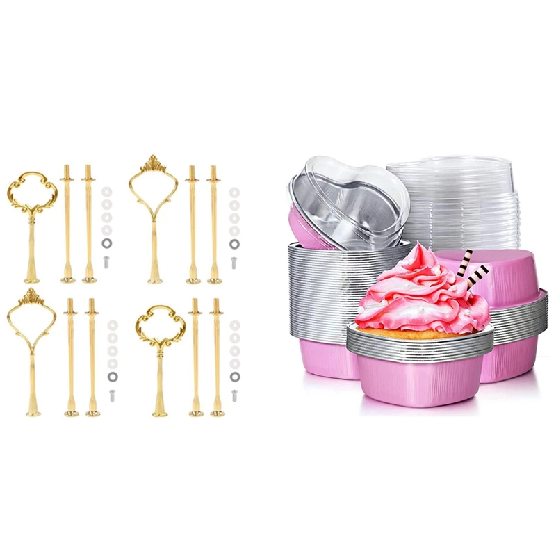 

4 набора 3-уровневых подставок для торта, 2 вида золотых и 50-кратных подставок для торта из алюминиевой фольги в форме сердца с крышками ко Дню...