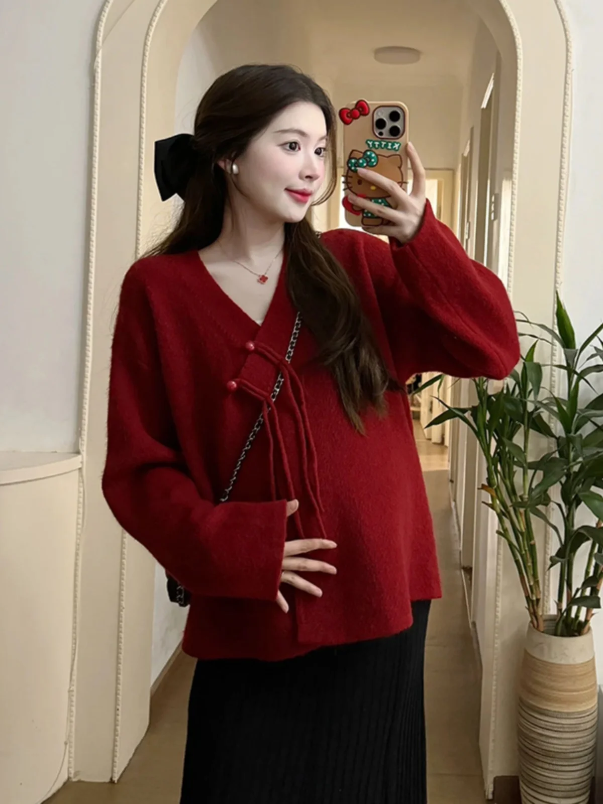 Новый китайский красный свитер с v-образным вырезом кардиган верхняя одежда