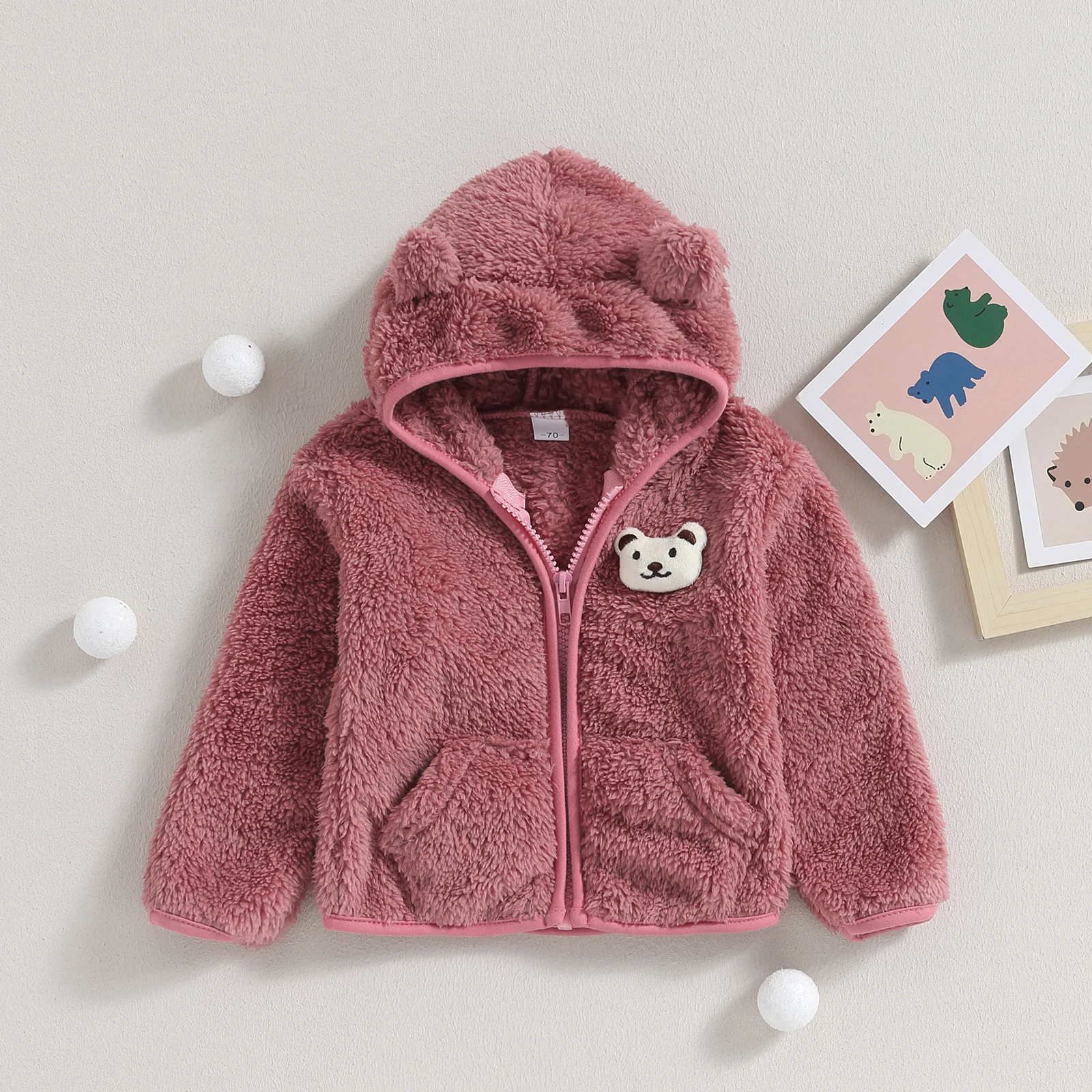 

BeQeuewll Baby Girl Boy Winter Plush Warm Coat Cute 3D Bear Pendant Jacket Zipper Plush Coat Going Out For 6-24 Months