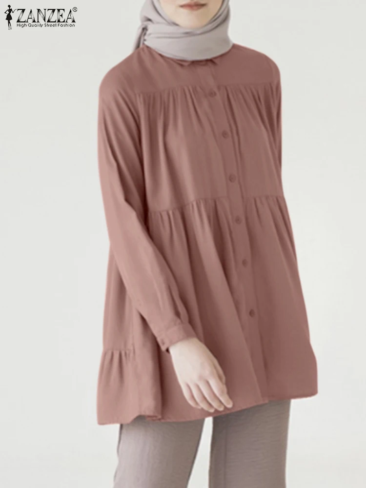 

ZANZEA Осенняя женская мусульманская блузка Дубай рубашка изящная одежда повседневные однотонные Рамадан Блузы Турецкая абайя Женские топы с длинным рукавом
