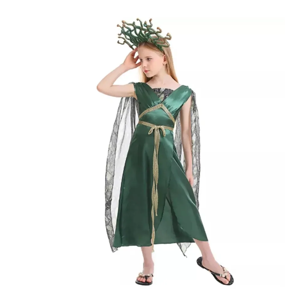 

Маскирующий костюм для девочек, детские костюмы для косплея греческой мифологии на Хэллоуин, горгон, зеленое платье, наряд для девочек