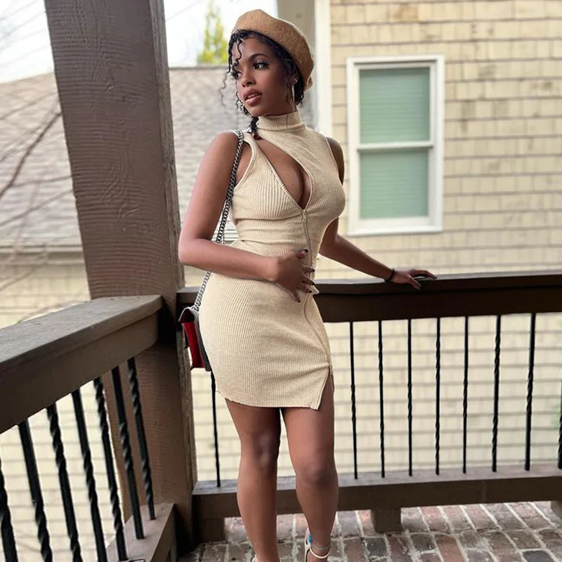 

Sexy Solid Knitted Mini Dress Women Elegant Hot Mock Neck Diagonal Zipper Backless Sleeveless Bodycon Party Clubwear Vestido