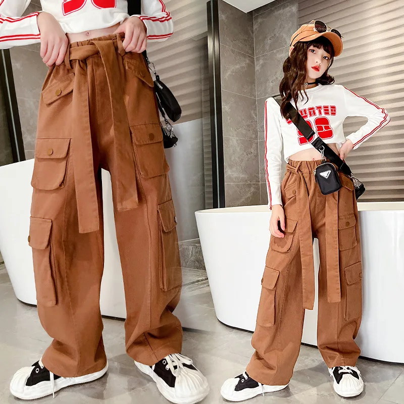 

Girls Cargo Pants 2022 New High Waist Pockets Design Streetwear Teenage Kids Pants Casual All-match School Children Trousers 15y
