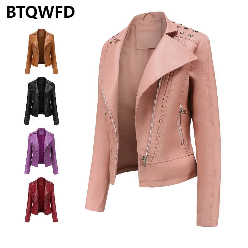 Female Clothing Jackets Women's PU Leather Rivet Coats Zipper 2022 New Ladies Fashion Spring Autumn Motor Biker Tops With Pocket