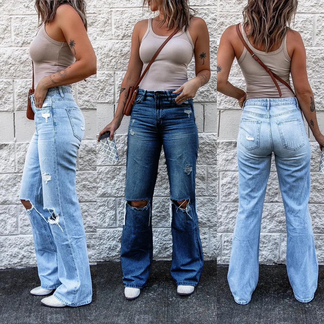 Women Fashion Retro High Waist Ripped Boot Cut Jeans Female Casual Slim Denim Flared Pants Trendy Mom JeansTrousers XXL