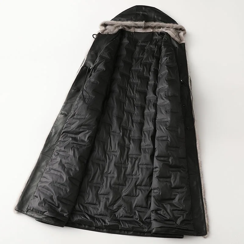 Sheepskin Mink Fur Collar Hood Leather Down Coat for Women