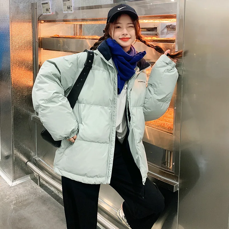 Green cropped down cotton jacket women's loose stand up collar bread suit winter coat